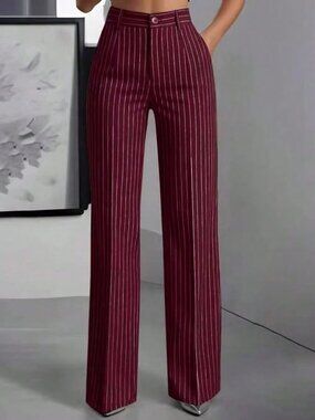 Dark Red Casual Women's Pinstripe Wide Leg Pants